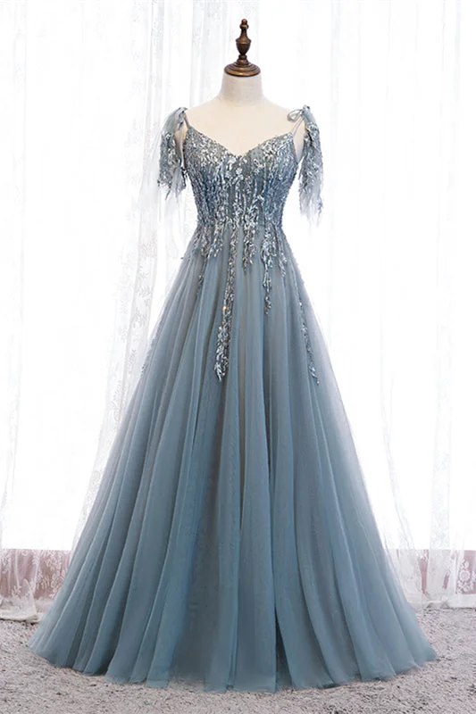 Fantastic Offers luxury dressGrey A-line Beaded Appliques Bow Tie Sheer Straps Maxi Formal Dress