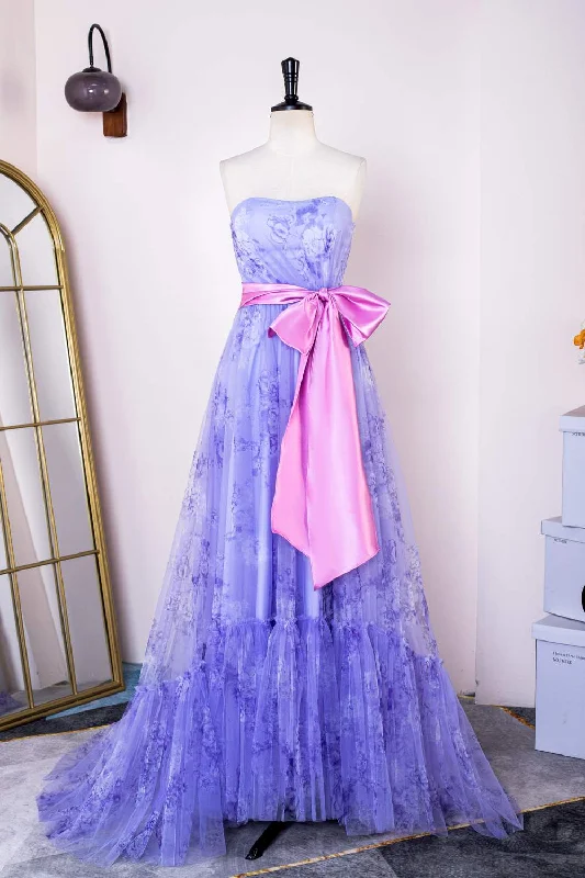Super Sale structured dressLavender Strapless Ruffled Floral Long Prom Dress with Bow Sash