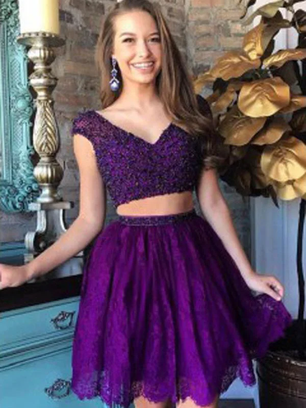 Massive Deals Two Piece Homecoming Dresses V-neck Lace Regency Short Prom Dress Party Dress JK621