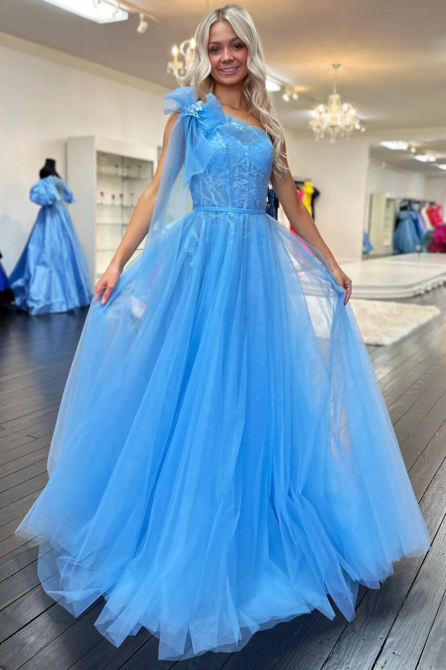 Best Seller party dressTulle A-Line One Shoulder Sleeveless Empire Prom Dress