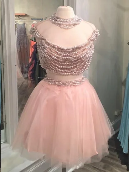 Extra Savings Two Piece Homecoming Dresses Pearl Pink Sparkly Short Prom Dress Beading Party Dress JK809