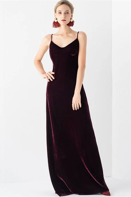 Shop and Save spaghetti strap dressDark Burgundy Velvet Long Dress