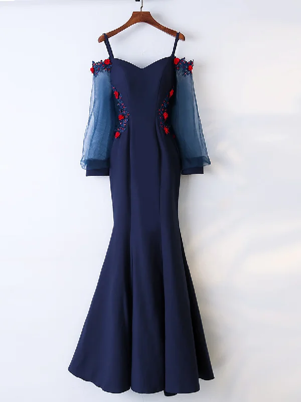 Mega Sale Mermaid Prom Dresses Spaghetti Straps Floor-length Dark Navy Sexy Black Prom Dress JKL496