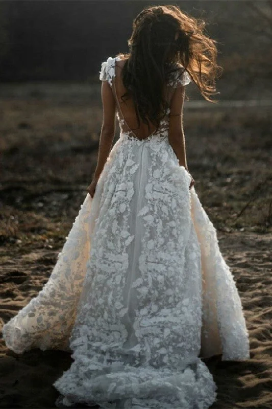 Super Savings Romantic Ivory Lace Floor length A line Puffy Princess Wedding Dress