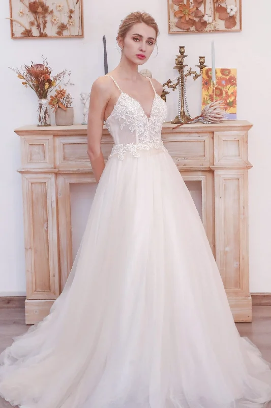Steals and Deals bodycon dressPlunge White A-line Long Wedding Dress with Pockets