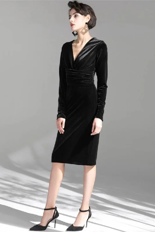 Final Clearance bodycon dressLong Sleeves Black Velvet Knee Length Dress