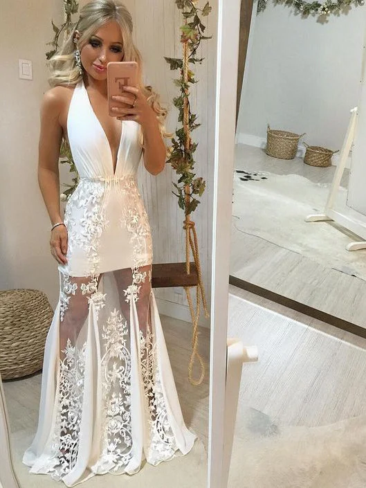 Super Sale Chic Prom Dresses Halter Appliques Open Back Prom Dress Sexy Evening Dress JKL1498