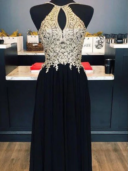 Price Rollback Black Prom Dresses Halter A-line Floor-length Chic Prom Dress Sexy Evening Dress JKL501