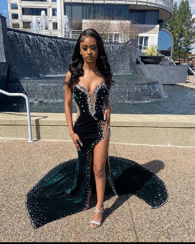 Bargain Blast satin midi dressVelvet Prom Dress with High Slit, Wedding Reception Dress,Wedding Guest Dress  Y4192