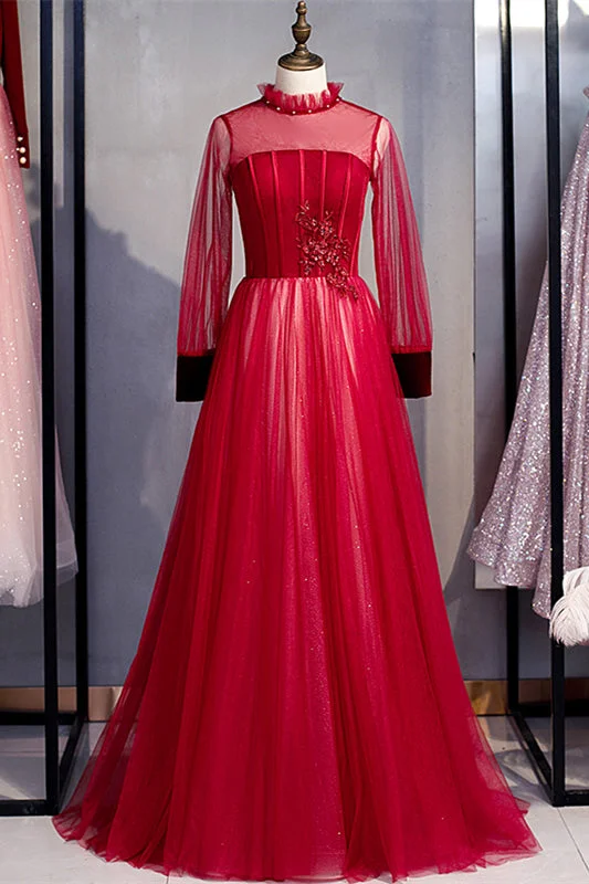 Today’s Deal fitted dressRed Illusion Neck Long Sleeves Beaded Applique Keyhole Maxi Formal Dress
