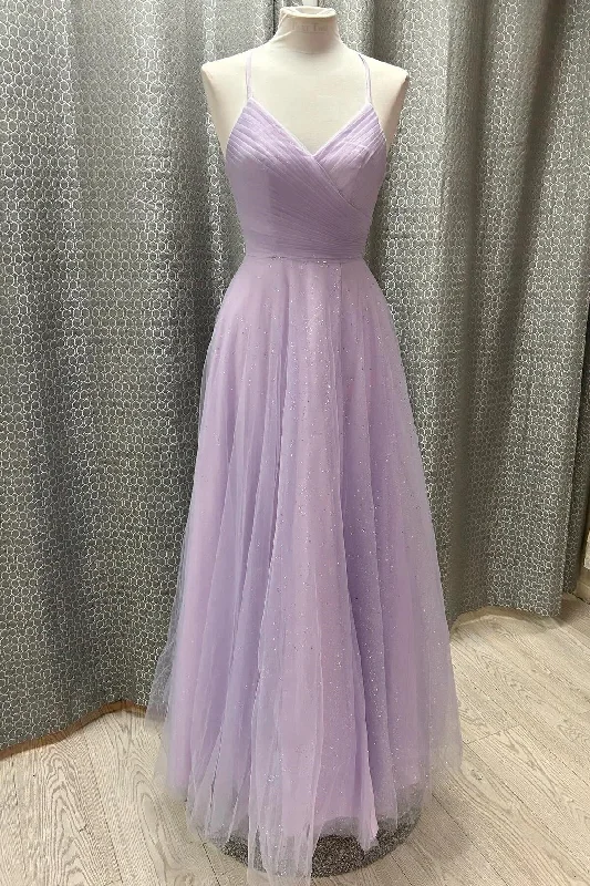 Act Fast fitted dressTulle A-Line V-Neck Spaghetti Straps Lace Up Bridesmaid Dress
