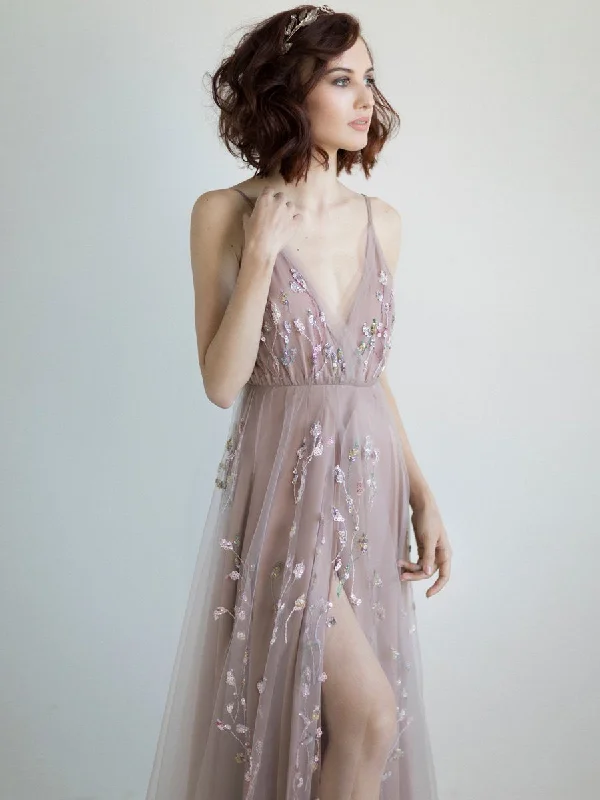 Can't Miss Sparkly Prom Dresses with Straps Embroidery V-neck A Line Sexy Slit Prom Dress JKL1509