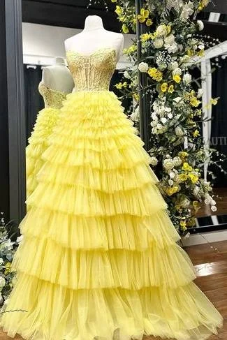 Exclusive Preview wool dressA-Line Sweetheart Strapless Lace Appliques Tiered Prom Dress