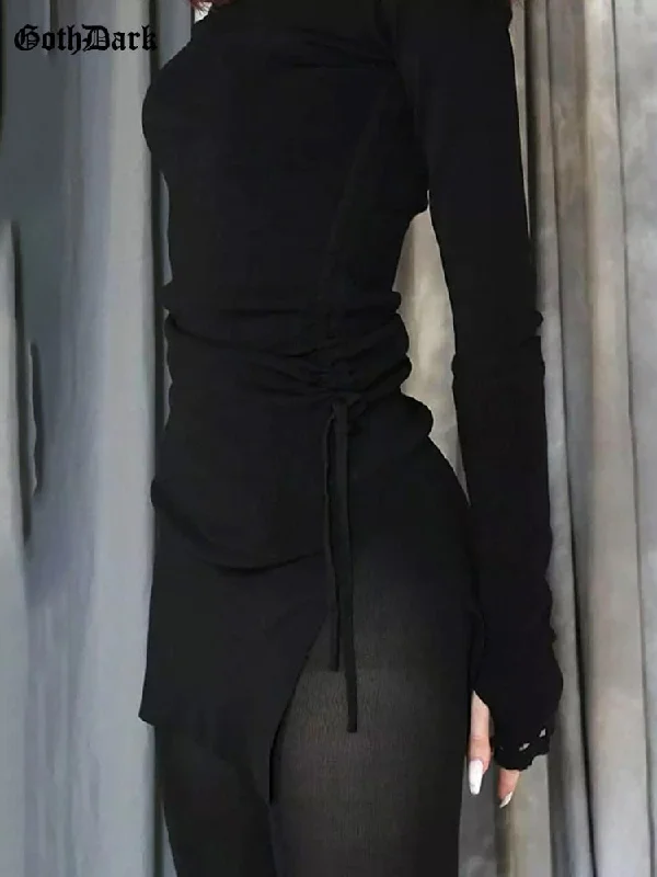 Deal Dash chic coatGoth Dark Mall Gothic Drawstring Bodycon Women Mini Dresses Y2k Punk Black Split Sexy Long Sleeve Dress Grunge Basic Partywear