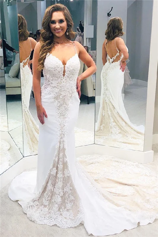 Exclusive Savings Simple Backless Spaghetti Strap Column Wedding Dress with Train