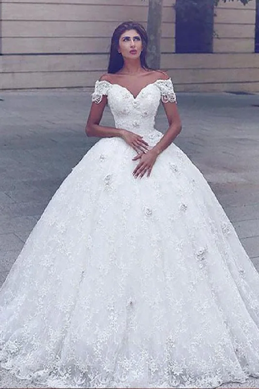 Hot Deal Classic Lace Off the shoulder White Lace Ball Gown Wedding Dress
