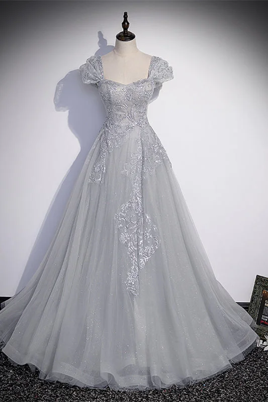 Special Discount layered dressGrey Cap Sleeves Silver Sequins-Embroidered Long Formal Dress