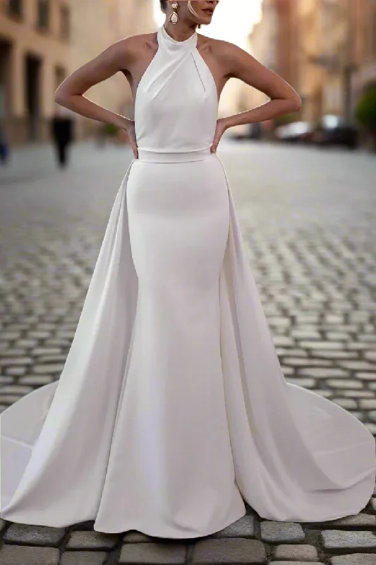 Instant Discount casual slip dressHigh Neck Sleeveless Open Back Detachable Train Wedding Dress
