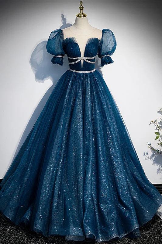 Special Discount long-sleeve floral dressDark Navy Tulle Illusion Neck Puff Sleeves Beaded Long Formal Dress with Button Special Discount long-sleeve floral dressDark Navy Tulle Illusion Neck Puff Sleeves Beaded Long Formal Dress with Button