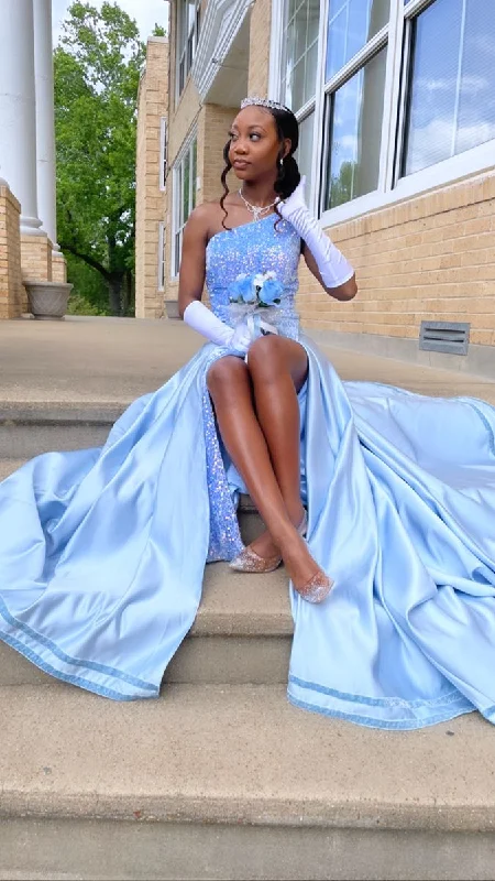 Massive Deals tiered dressShiny Blue Sequins Long Prom Dress,Junior Prom Dress Y4349