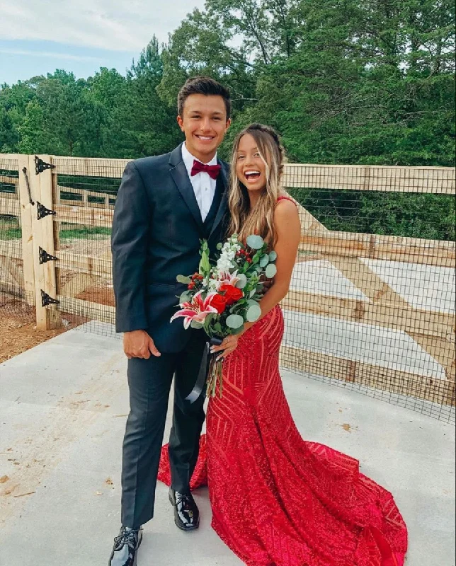 Mega Sale long sleeve dressGlamorous Red Mermaid Long Prom Dress with Train,Red Reception Dress Y4175