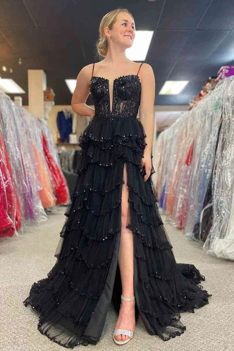 Loyalty Reward casual summer dressTulle A-Line Tiered Appliques With Side Slit Prom Dress