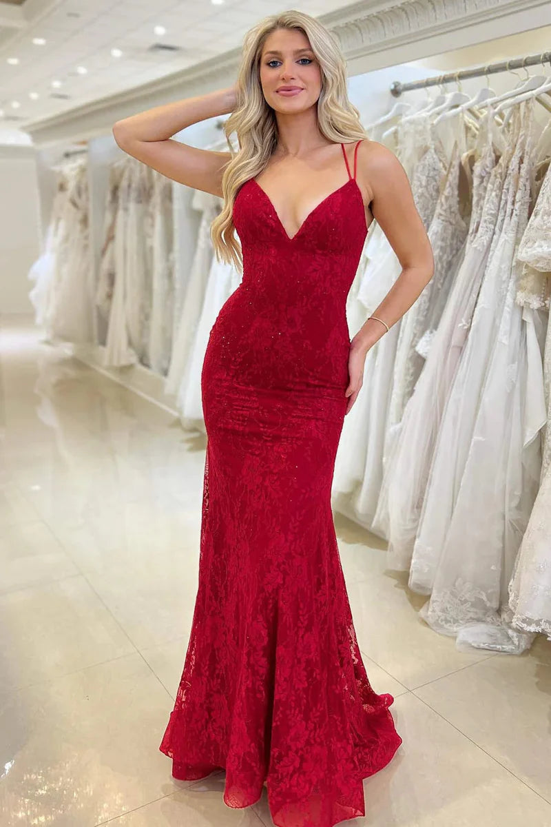 Stock Up and Save summer dressSexy Lace Trumpet V-Neck Lace Up With Train Prom Dress