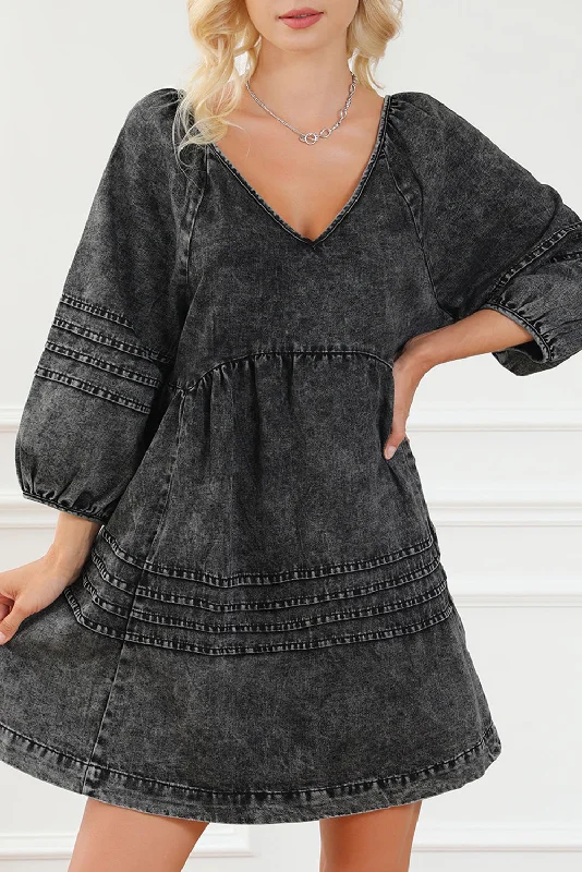 Savings Bonanza Black Pleated V Neck Puff Sleeve Denim Babydoll Dress