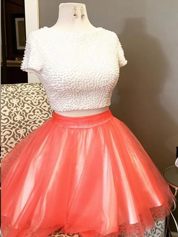 Quick Sale Two Piece Homecoming Dresses Beautiful Beading Tulle Short Prom Dress Party Dress JK814