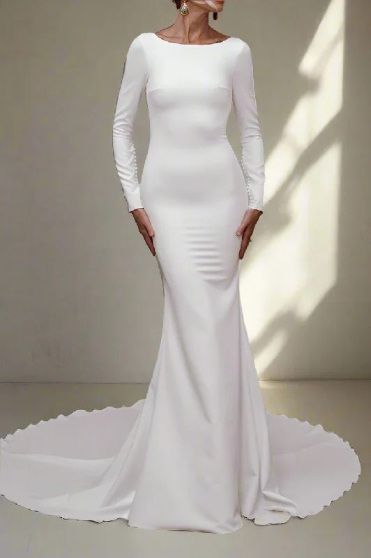 Crazy Deals A-line dressLong Sleeves Scoop Open Back Mermaid Satin Wedding Dress