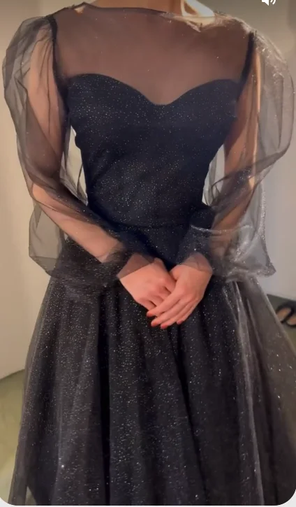 Exclusive Access chic wrap dressBlack Shiny Prom Dress Tulle Sleeves Evening Dress Y35