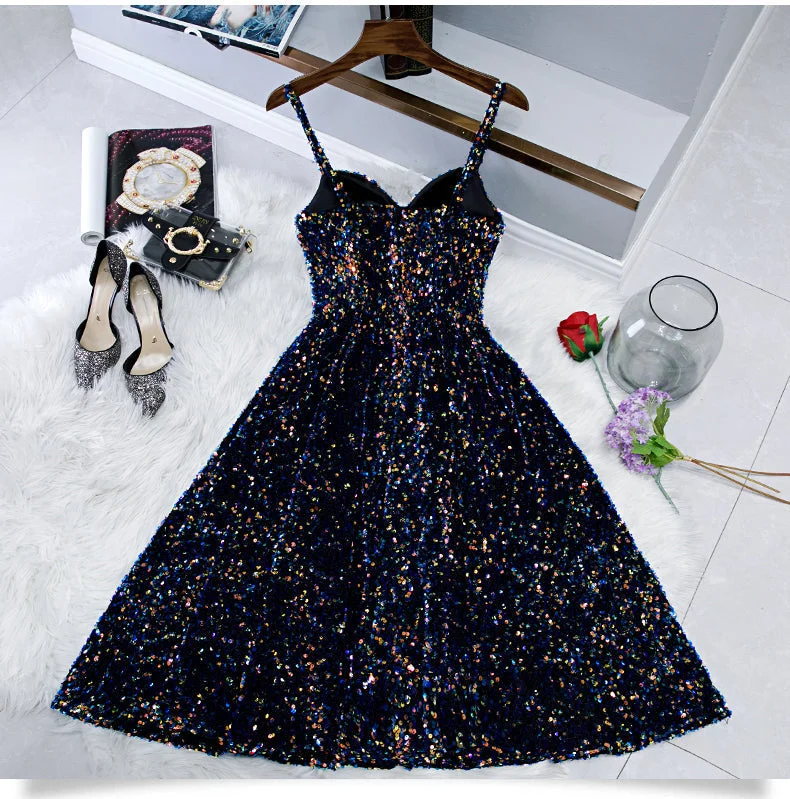 Fantastic Offers Glitter Spaghetti Straps Cute Short Prom Dresseses Tight Tea Length Homecoming Dresses