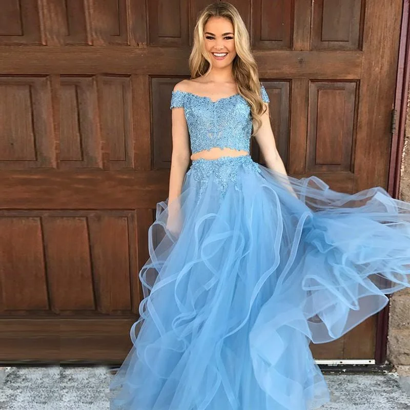 Price Rollback Off-the-Shoulder Blue Lace Top Two Piece Prom Dress,JKZ7118
