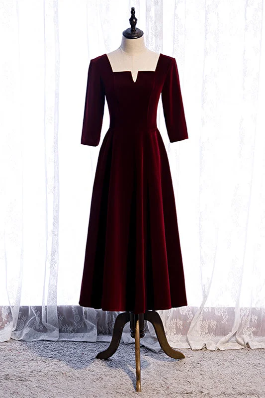 Early Bird Discount bohemian dressBurgundy Square Neck Sleeves Velvet Bow Tie Back Tea Length Formal Dress