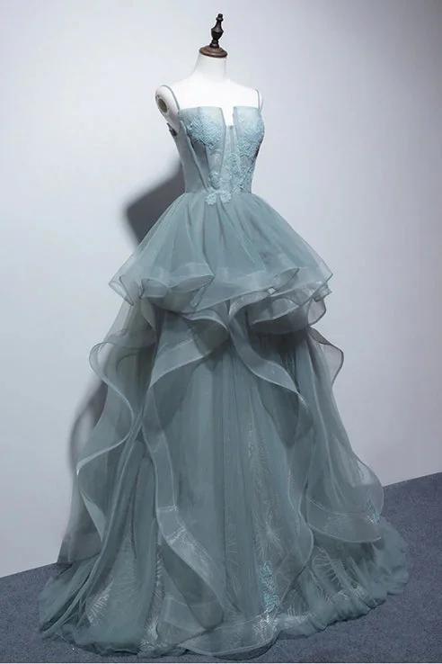 Seasonal Sale Gray Spaghetti Straps Tulle Princess Formal Evening Party Dresses Long Formal Prom Dresses