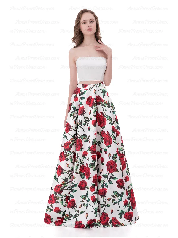 Stock Clearance Two Piece Prom Dresses A-line Strapless Floor-length Floral Print Long Prom Dress AX004
