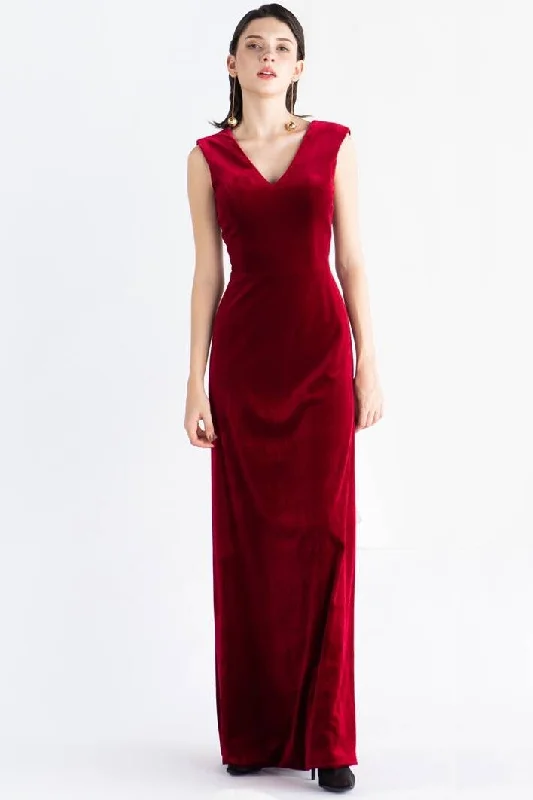 Discount Extravaganza classic fit-and-flare dressV Neck Burgundy Velvet Dress