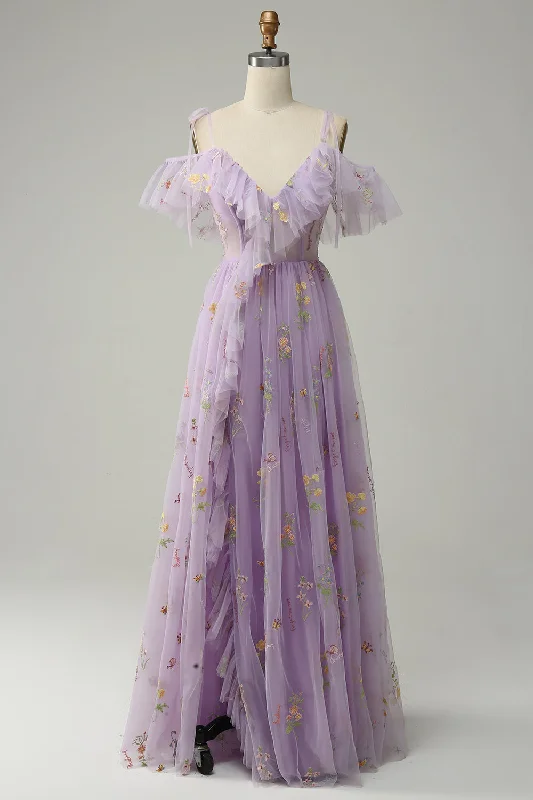 Shop and Save ruffle dressLilac Off-the-Shoulder Embroidery Ruffled Long Prom Dress with Slit