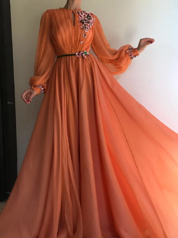 Midnight Madness Long Sleeve Prom Dresses A-line Hand-Made Flower Chiffon Prom Dress Long Evening Dress JKL1584