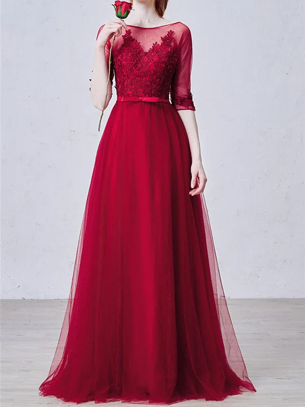 Super Sale Burgundy Prom Dresses A-line Floor-length Appliques Tulle Sexy Prom Dress JKL458