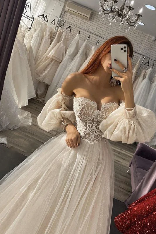 Deep Discounts Charming Off the Shoulder Puffy Sleeves Aline Tulle Wedding Dress