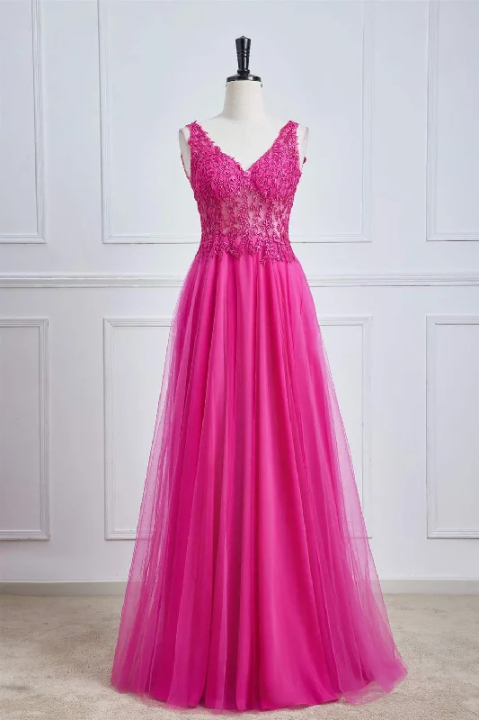 Limited Time Discount comfy maxi dressFuchsia Plunging V Neck Floral A-line Long Prom Dress