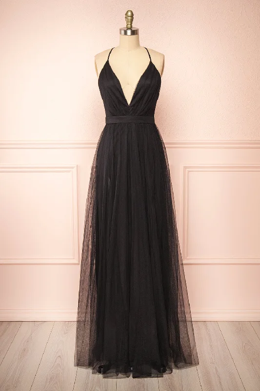 Epic Deals satin dressBlack Plunging V Neck Crossed Back A-line Tulle Long Prom Dress