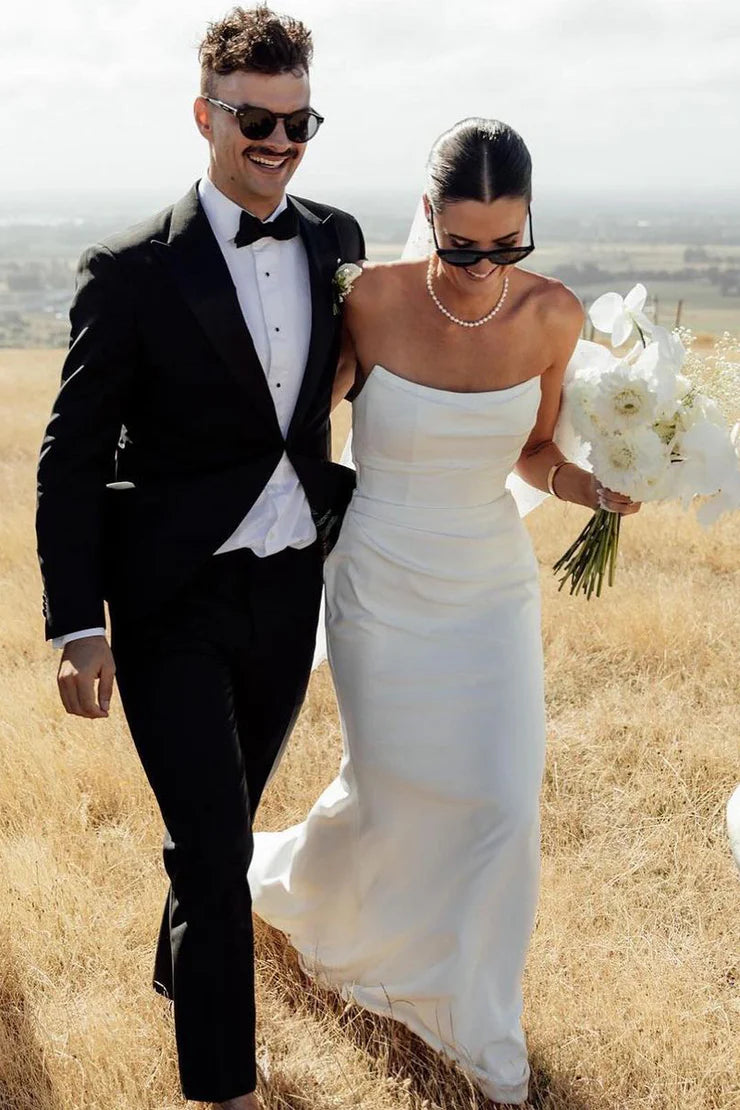 Amazing Deals flowy evening dressCasual Satin Strapless Ruched Long Summer Wedding Dress Amazing Deals flowy evening dressCasual Satin Strapless Ruched Long Summer Wedding Dress