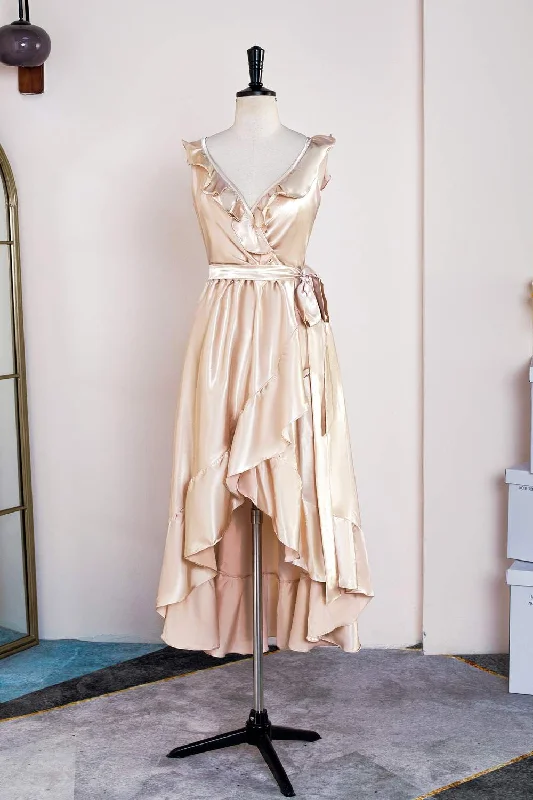 Limited Edition casual dressChampagne Ruffled Faux-Wrapped Hi-Low Bridesmaid Dress with Sash Limited Edition casual dressChampagne Ruffled Faux-Wrapped Hi-Low Bridesmaid Dress with Sash