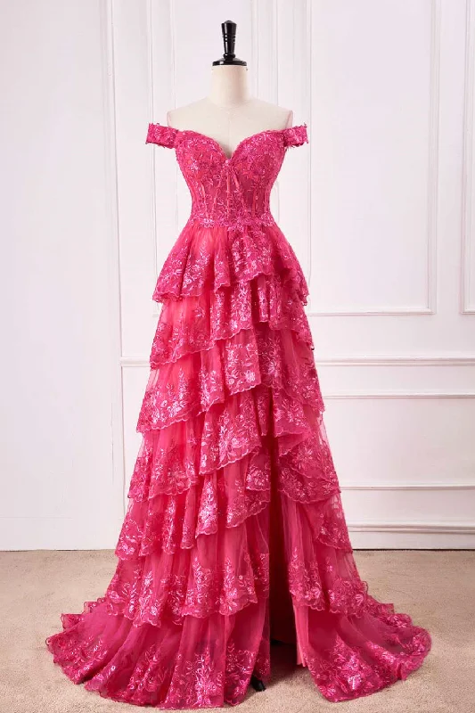 Major Savings playful dressHot Pink Off-Shoulder Sequined Layers A-line Long Prom Dress with Slit