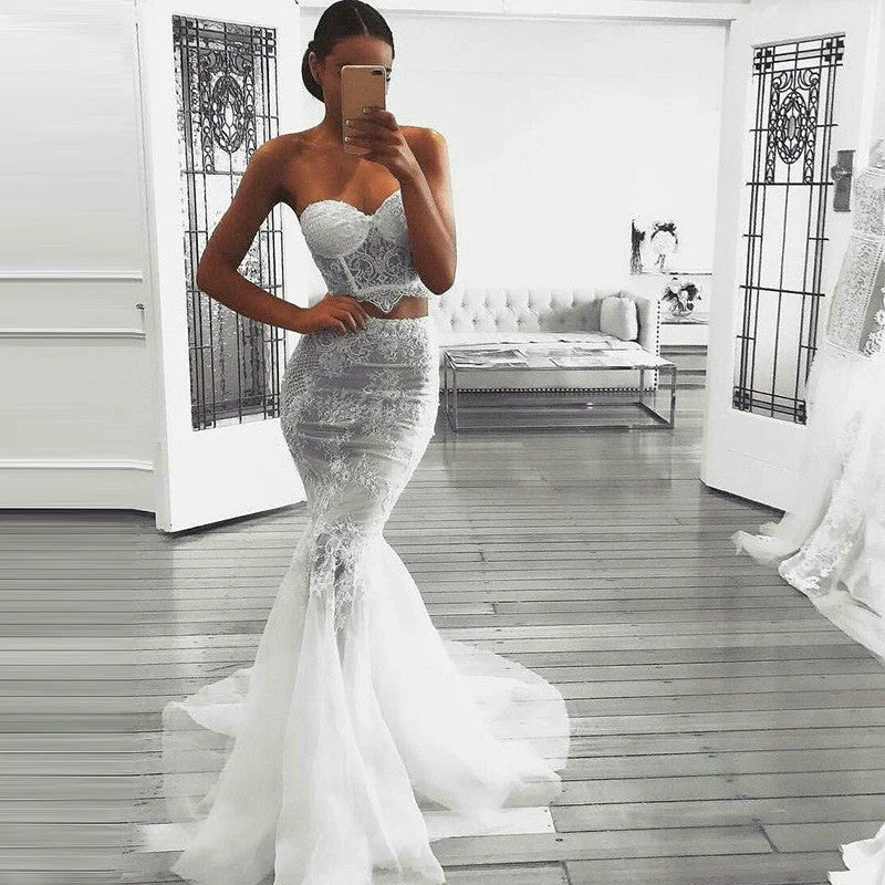 Take Advantage Sweetheart Lace Ivory Two Piece Prom Dress Mermaid Prom Gown,JKZ7115