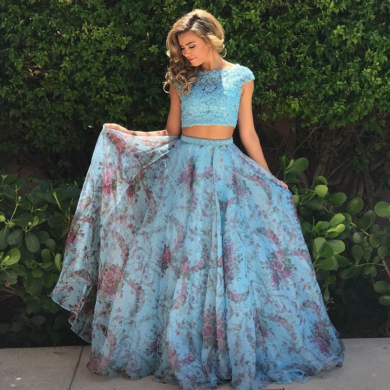 Super Bargain Cap Sleeves Blue Floral Lace Top Two Piece Prom Dress,JKZ7116