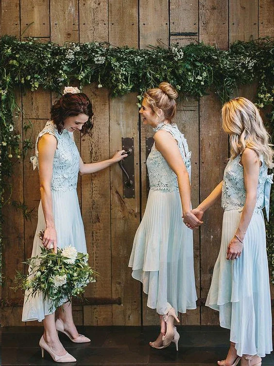 Clearance Event Two Piece Bridesmaid Dresses High Neck Chiffon Simple Lace High Low Bridesmaid Dresses JKB092