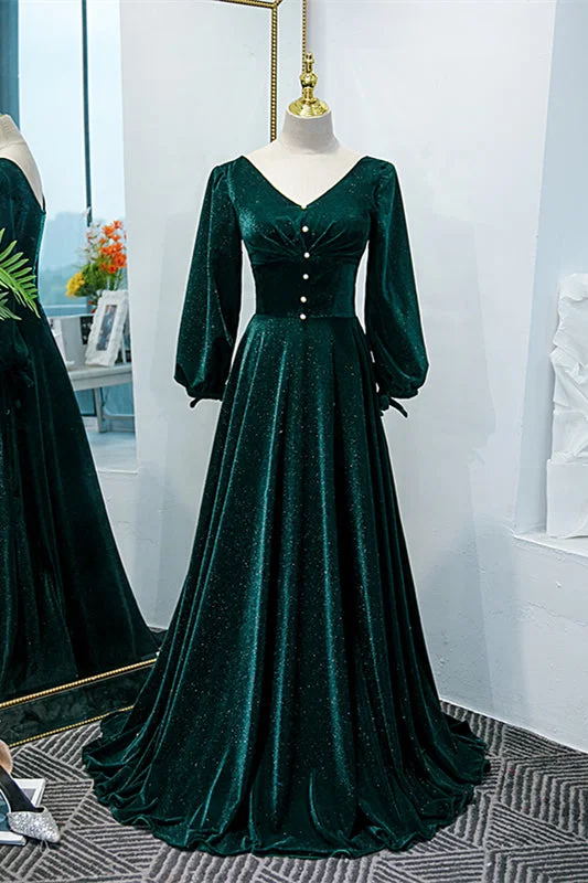 Special Promotion off-the-shoulder dressDark Green V Neck Long Sleeves Velvet Long Formal Dress with Pearl Button